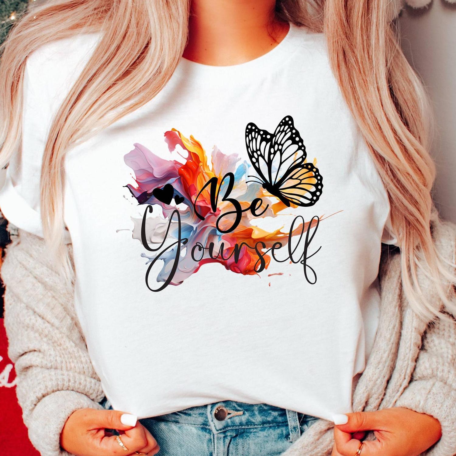 Commercial Printing And Design - [Sommer-Damen-Kurzarmshirt] Be Yourself, Butterfly! Inspirierendes Damen-T-Shirt-Design,